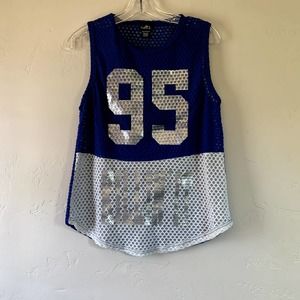 rue21 jersey tank top blue and white with silver letters 95 killin it